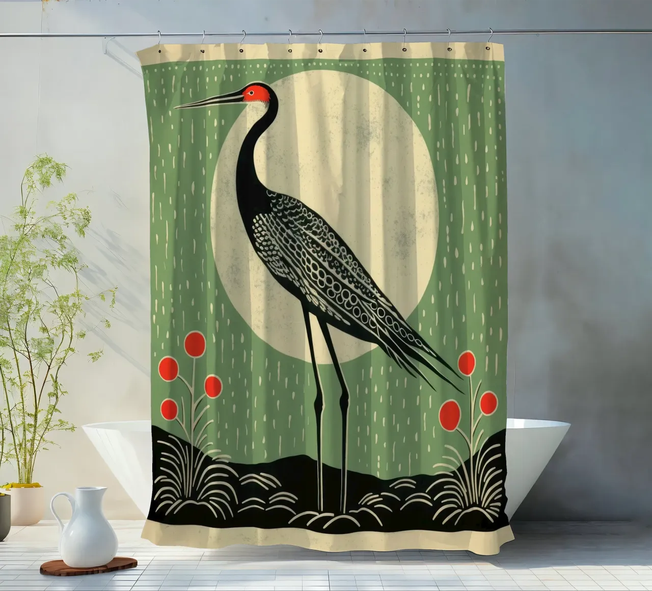Green Crane shower curtain by Minimal Animal Art