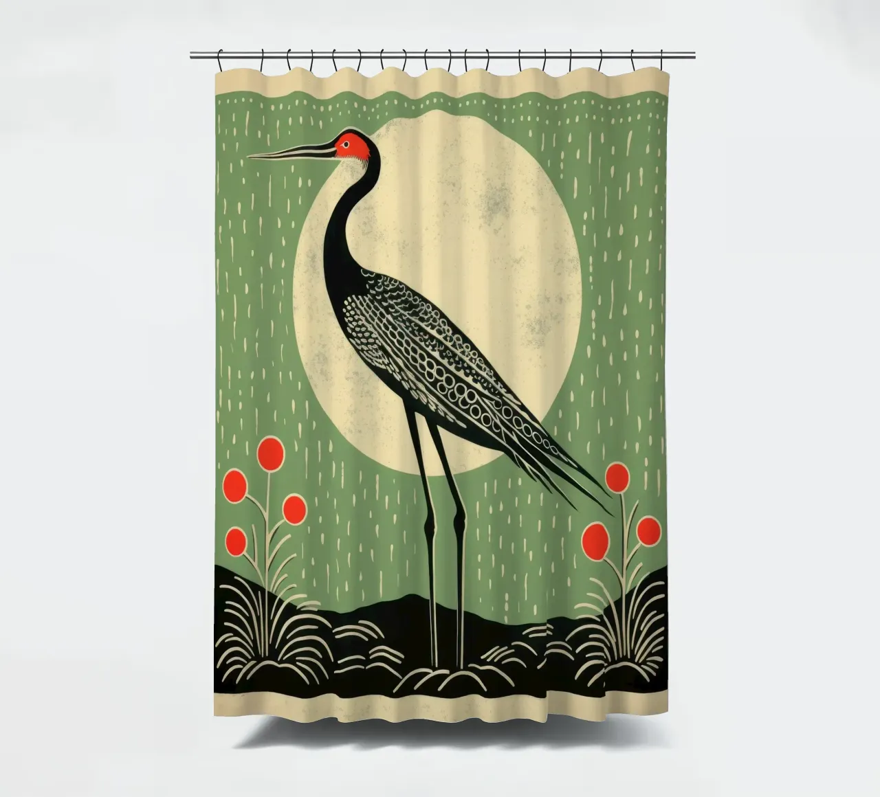 Green Crane shower curtain by Minimal Animal Art