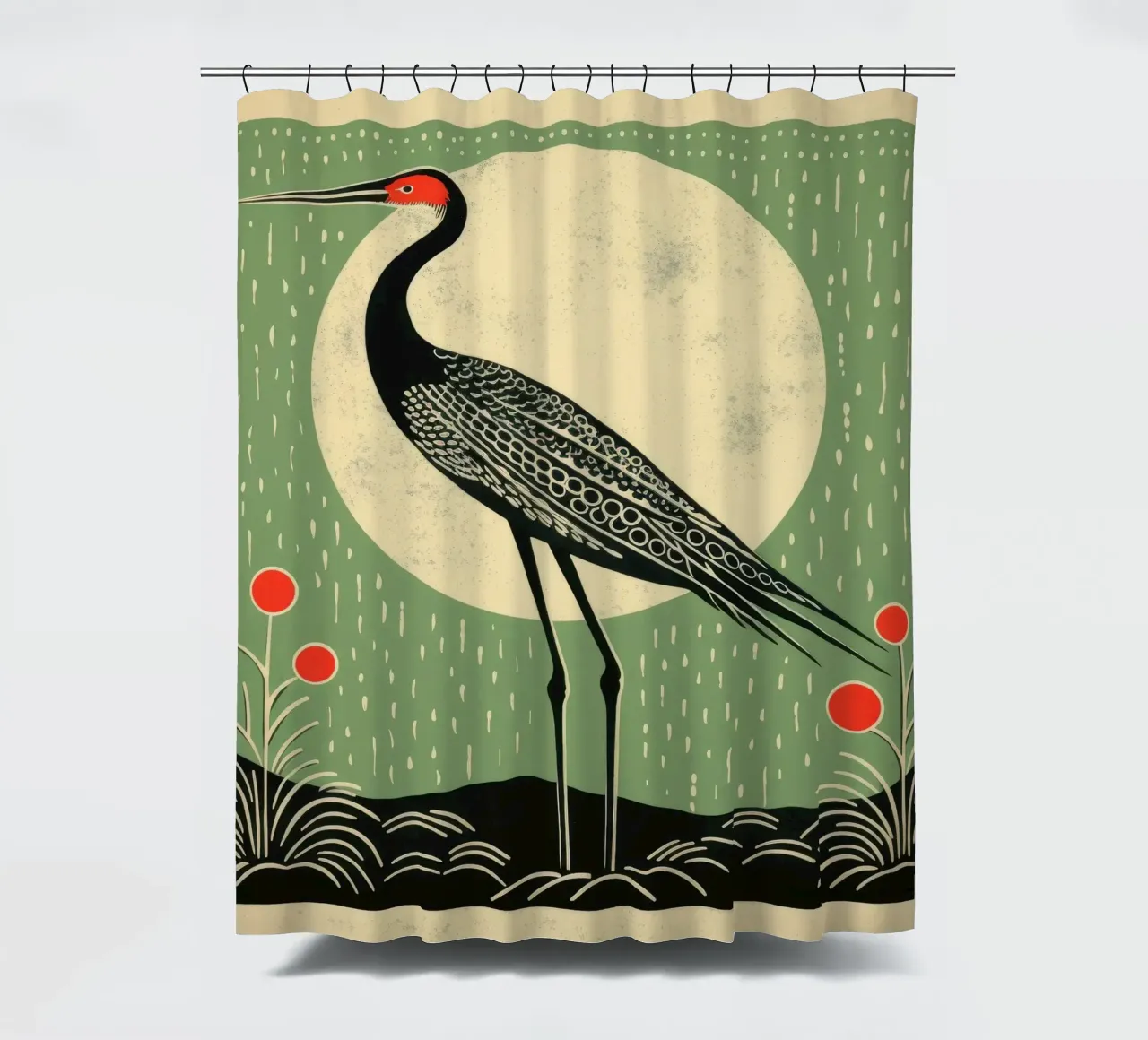 Green Crane shower curtain by Minimal Animal Art