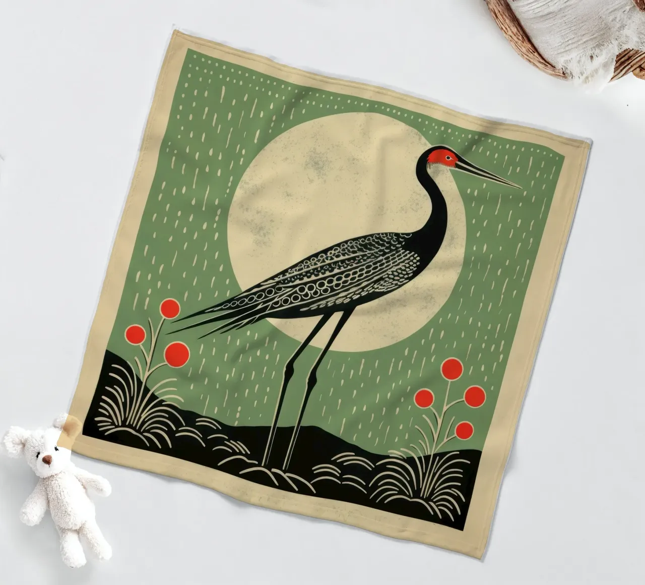 Green Crane fleece blanket by Minimal Animal Art