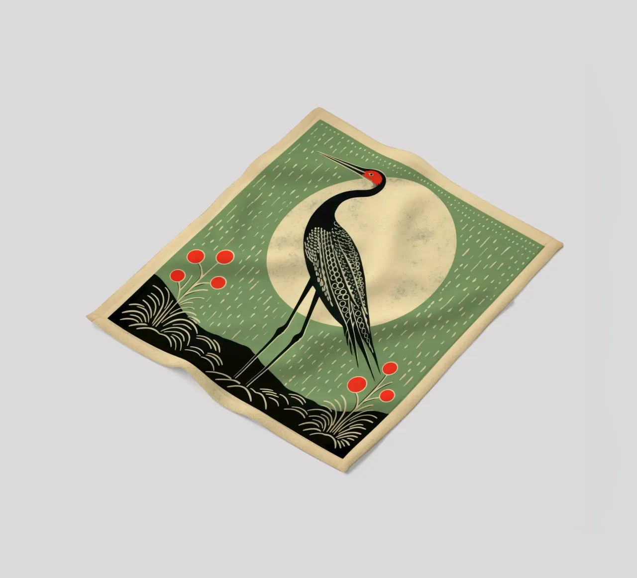 Green Crane fleece blanket by Minimal Animal Art