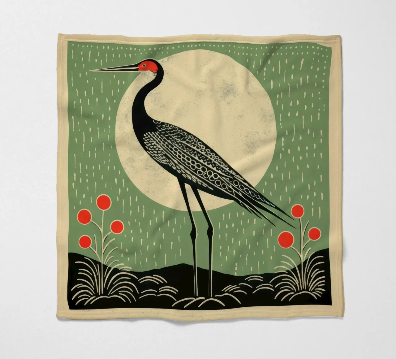 Green Crane fleece blanket by Minimal Animal Art