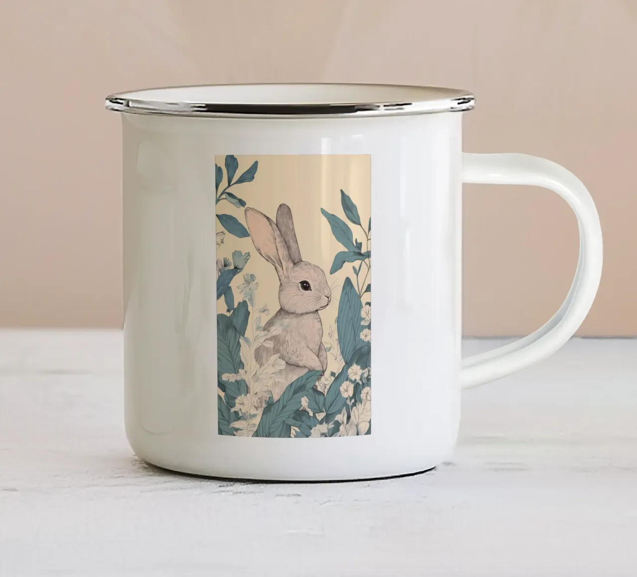 Kaninchen im Dschungel Emaille Tasse von Melloi Art Print