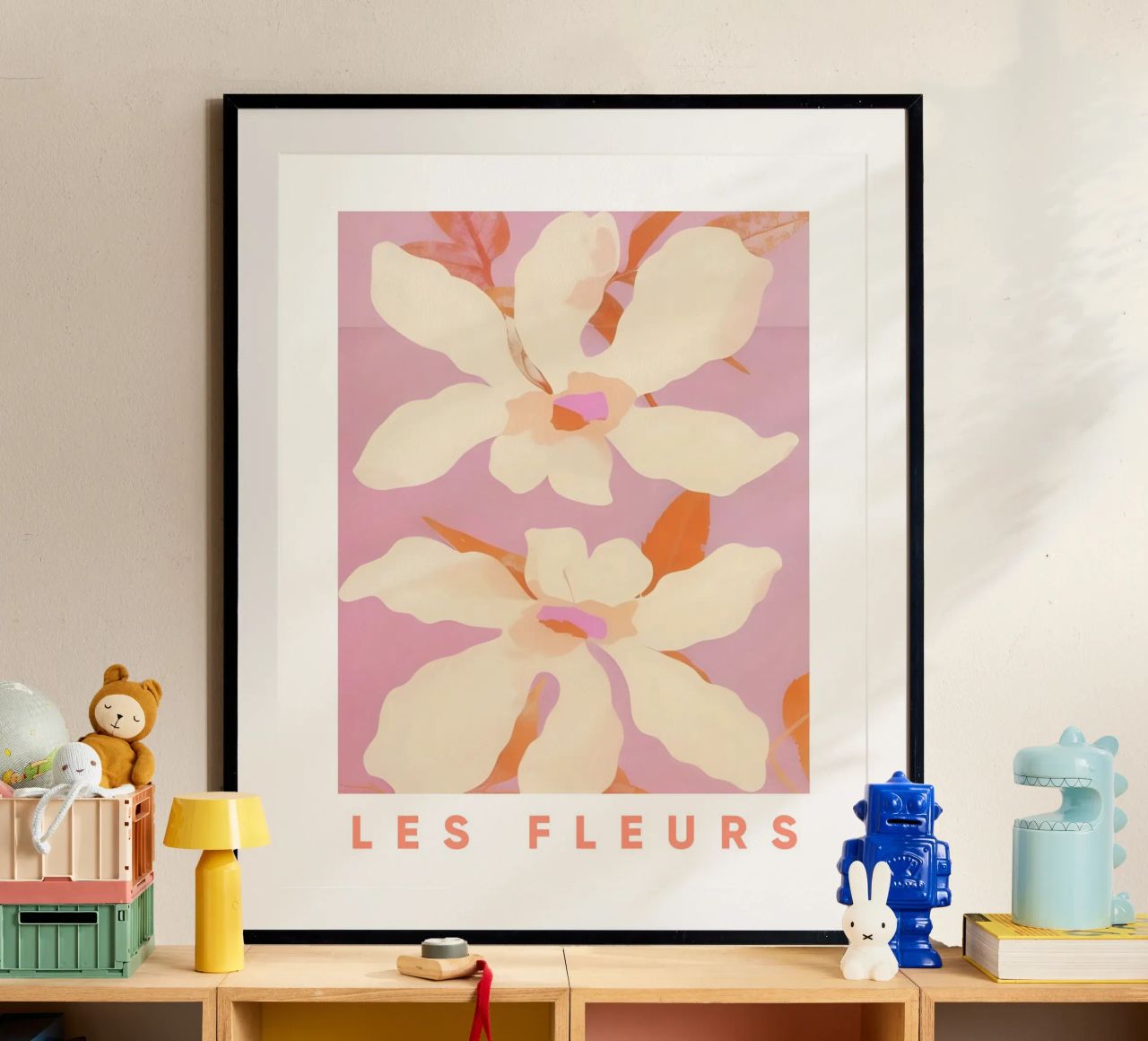 Les Fleurs, Blumendruck, florales botanisches Poster, rosa Kunst Poster von Bella Studio