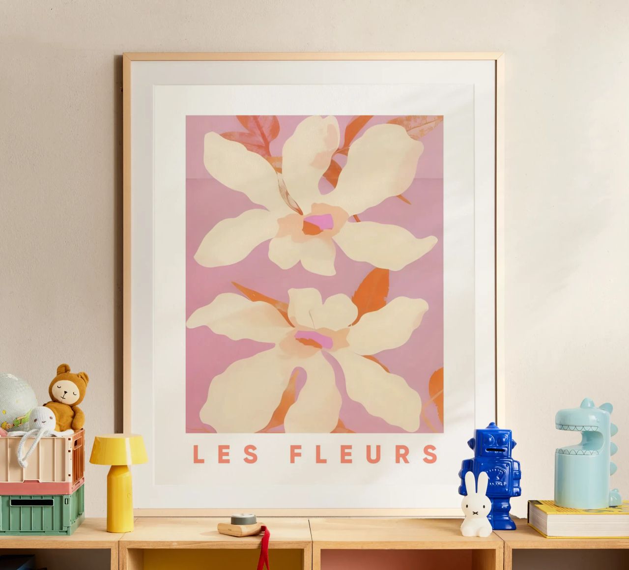 Les Fleurs, Blumendruck, florales botanisches Poster, rosa Kunst Poster von Bella Studio