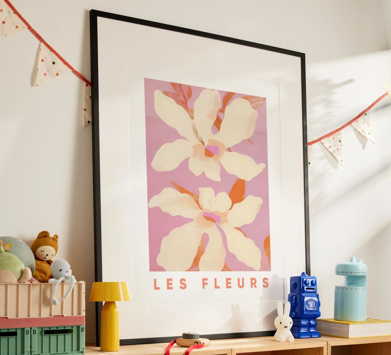 Les Fleurs, Blumendruck, florales botanisches Poster, rosa Kunst Poster von Bella Studio