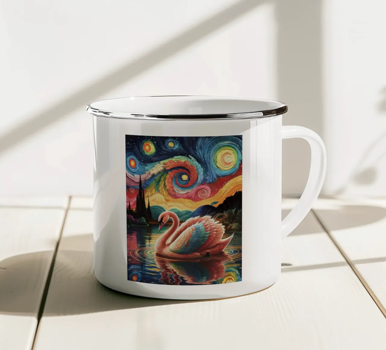 Cigno e notte stellata tazza in smalto da logic