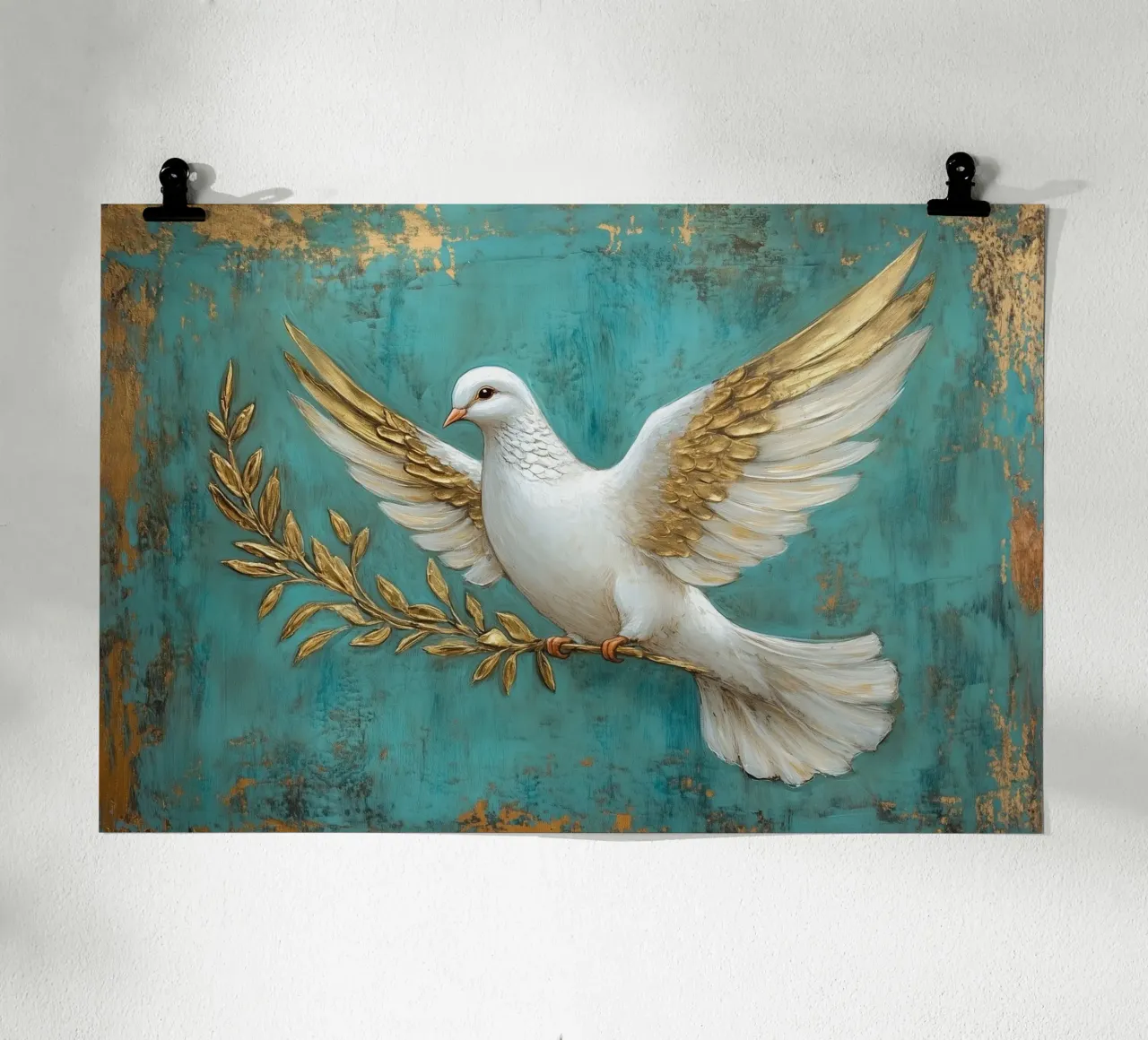 Colomba della pace con ramo d'ulivo poster con telaio in legno da Carinaprint