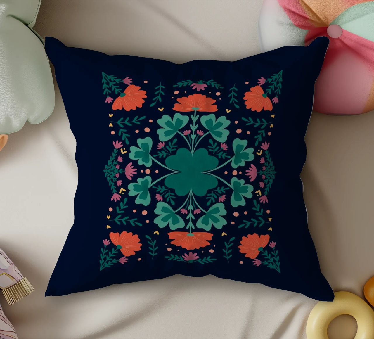 Clovers and flowers - teal and orange decorative cushion by Wackapacka