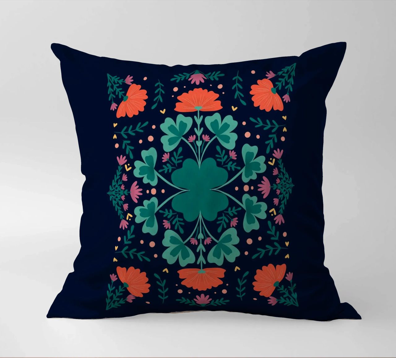 Clovers and flowers - teal and orange decorative cushion by Wackapacka