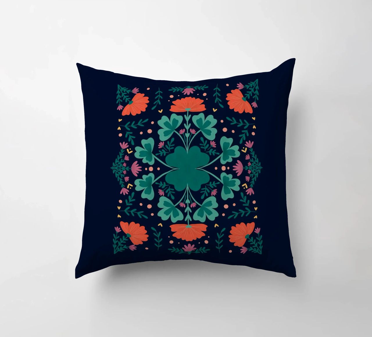 Clovers and flowers - teal and orange decorative cushion by Wackapacka