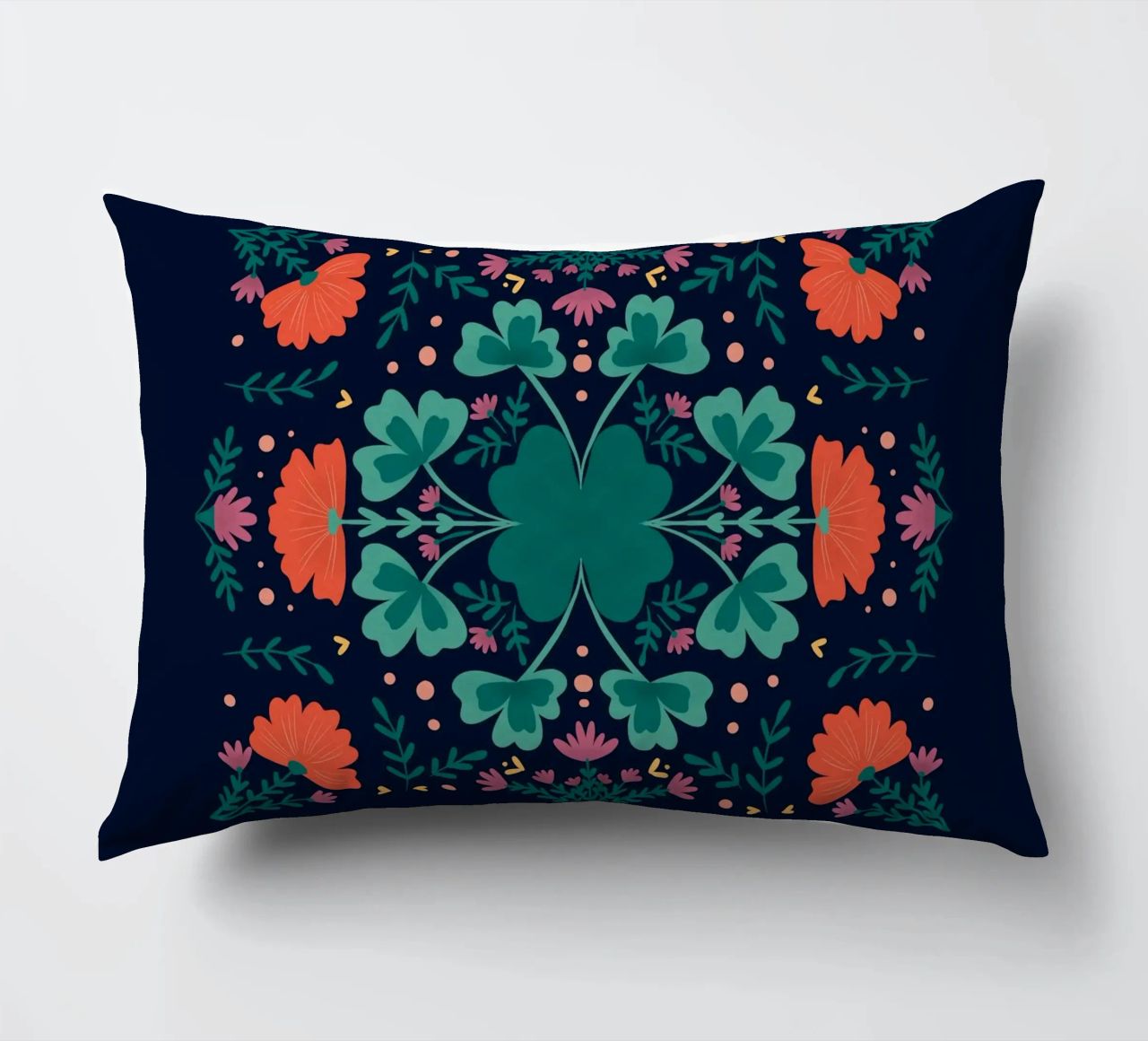 Clovers and flowers - teal and orange decorative cushion by Wackapacka