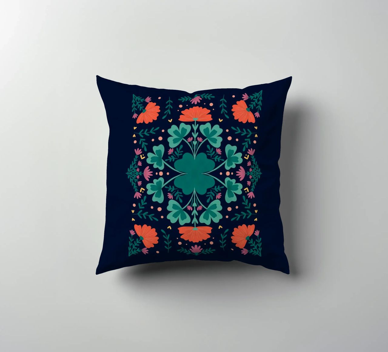 Clovers and flowers - teal and orange decorative cushion by Wackapacka