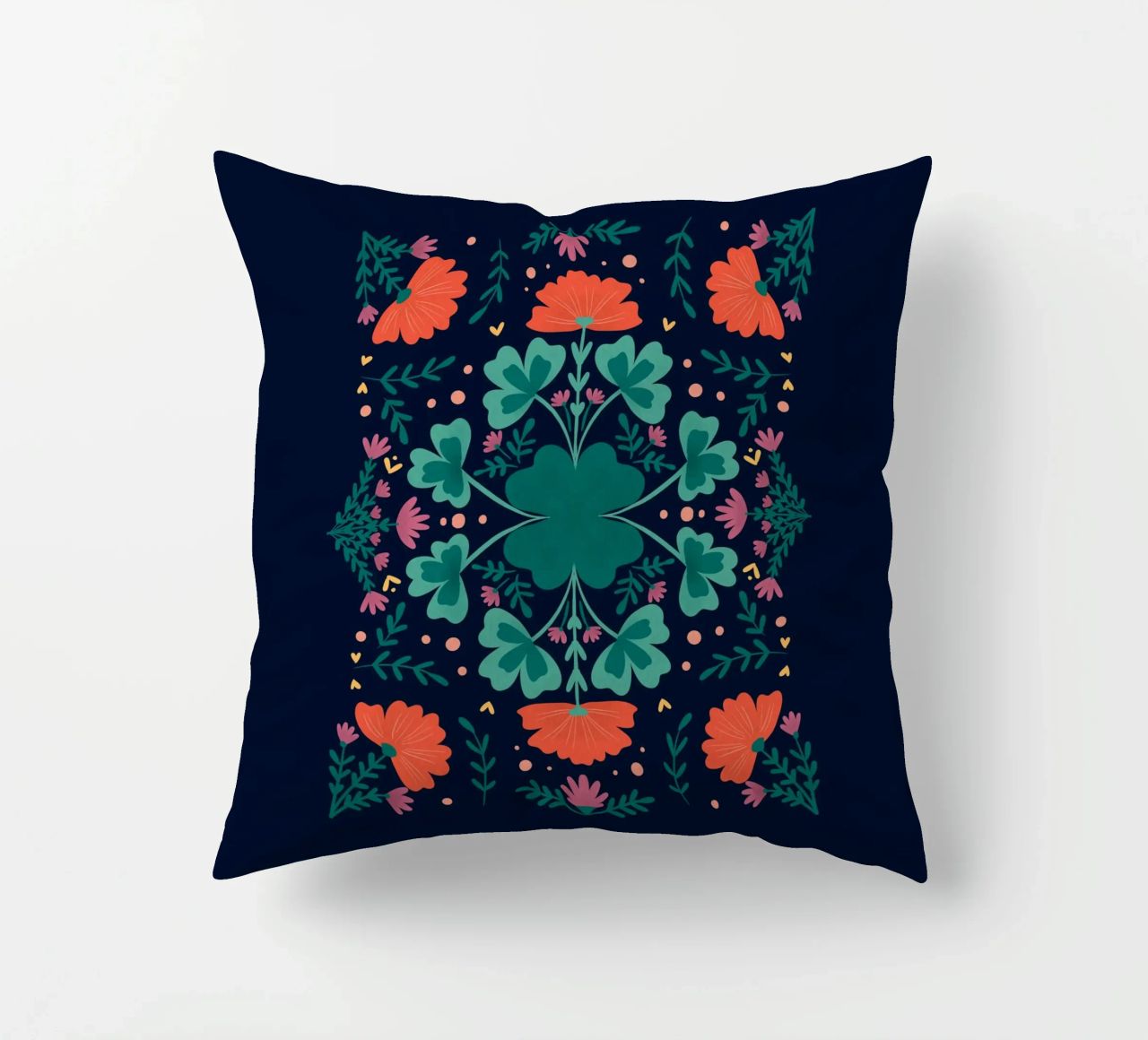 Clovers and flowers - teal and orange decorative cushion by Wackapacka