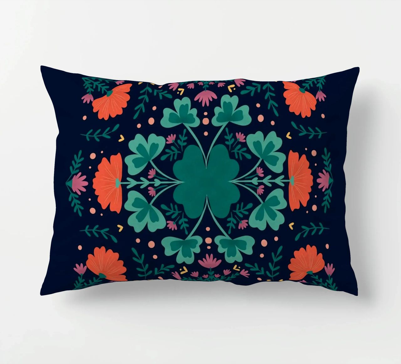 Clovers and flowers - teal and orange decorative cushion by Wackapacka