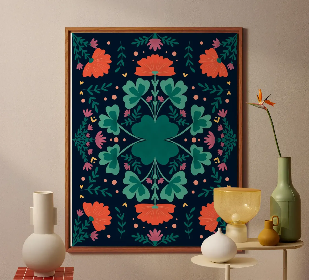 Trifogli e fiori - verde acqua e arancione alluminio dibond da Wackapacka