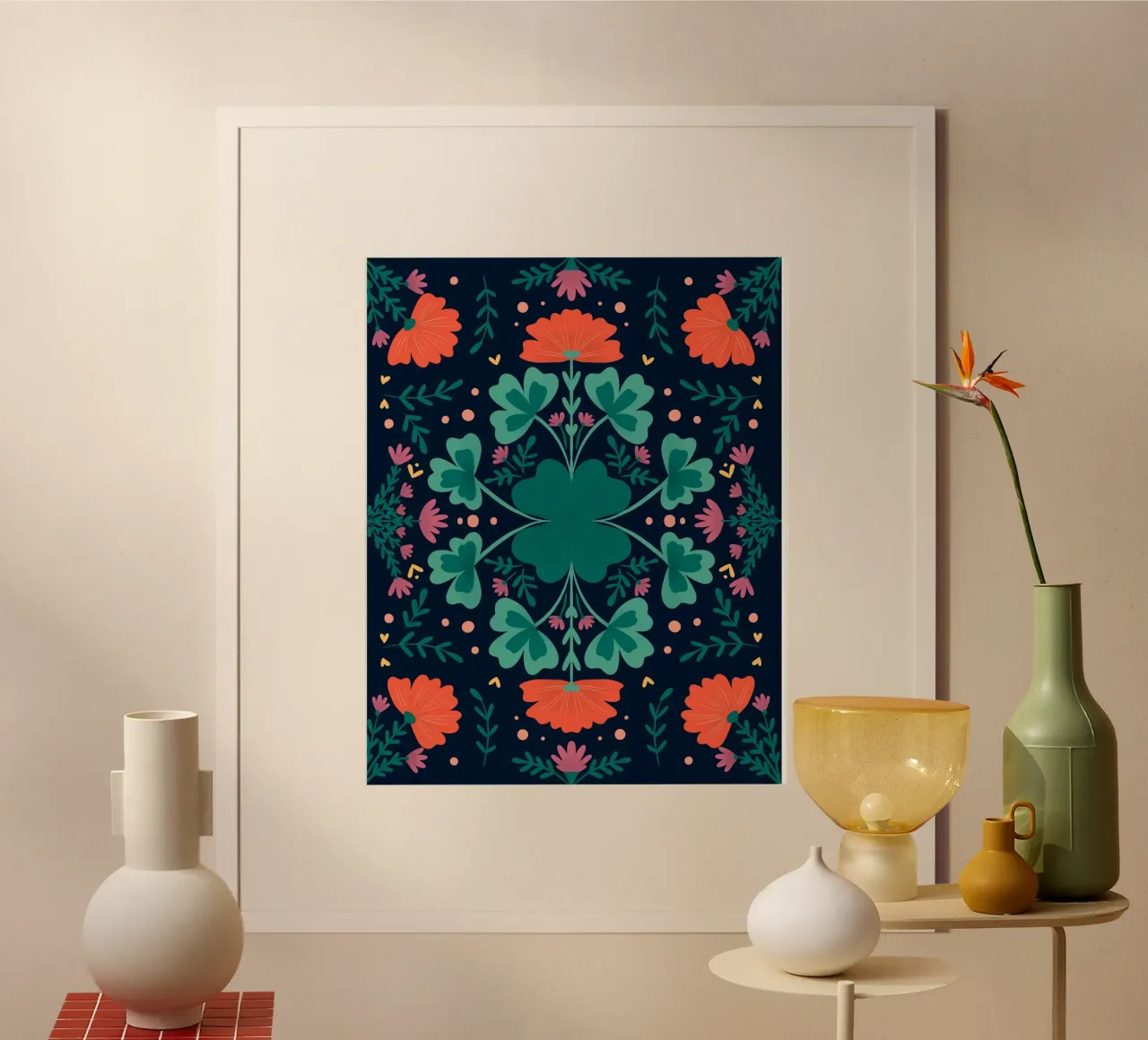 Trifogli e fiori - verde acqua e arancione poster da Wackapacka