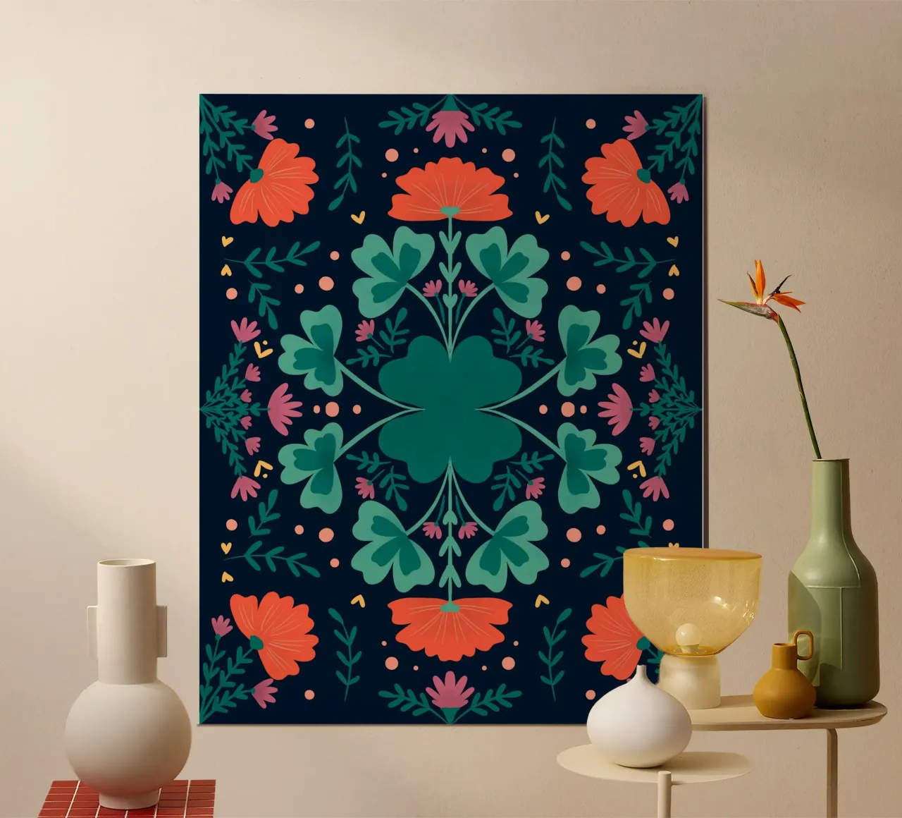 Trifogli e fiori - verde acqua e arancione poster da Wackapacka