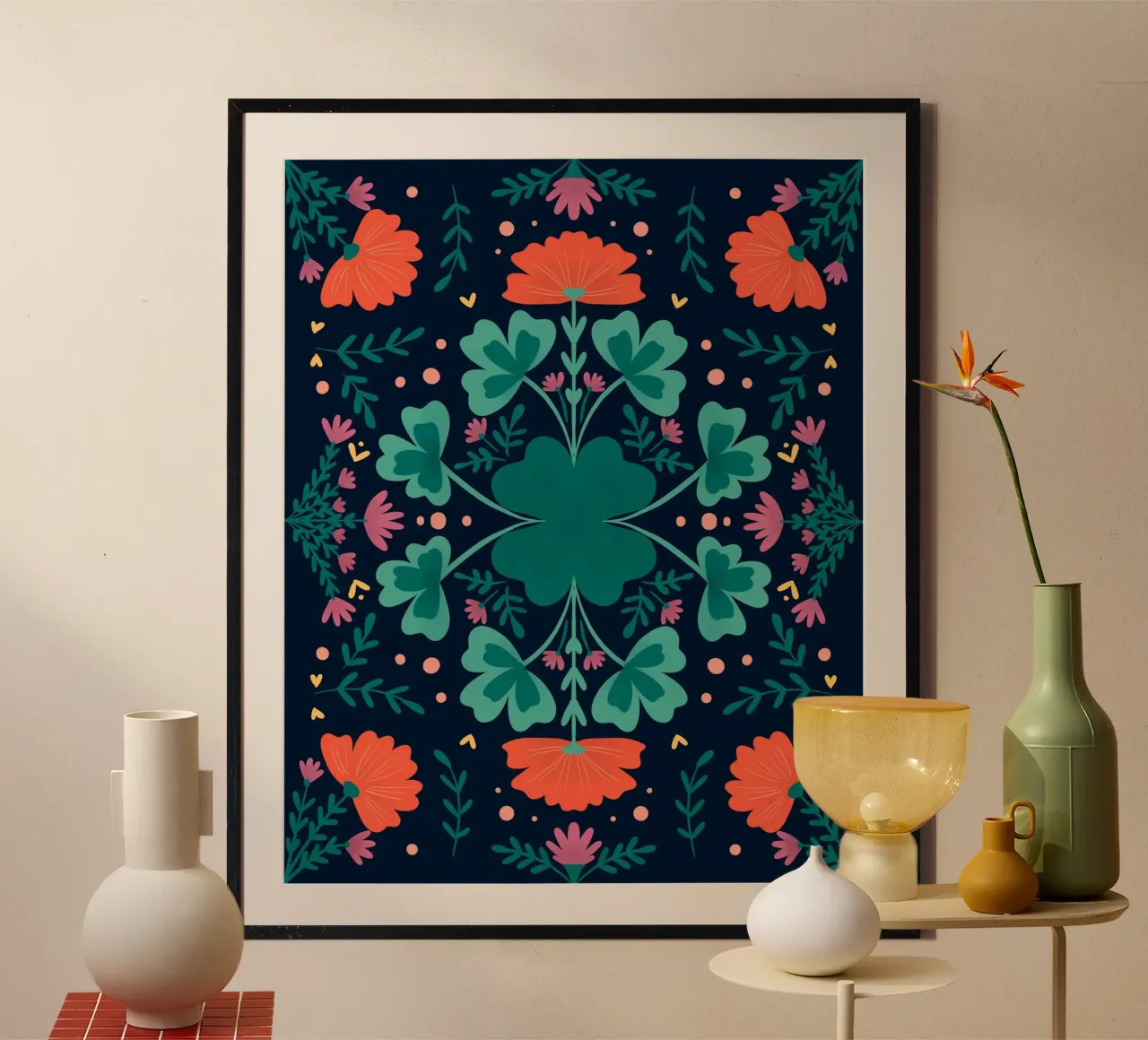 Trifogli e fiori - verde acqua e arancione poster da Wackapacka