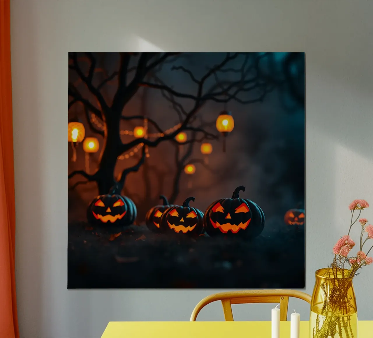 Zucche di Halloween che brillano al buio sotto la luce delle lanterne poster con telaio in legno da DesignDoodle