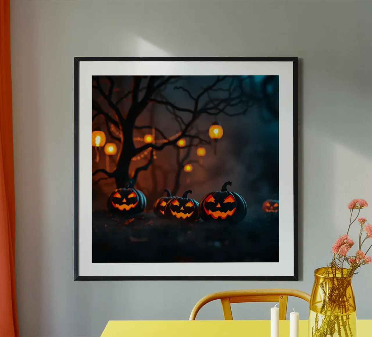 Zucche di Halloween che brillano al buio sotto la luce delle lanterne poster con telaio in legno da DesignDoodle