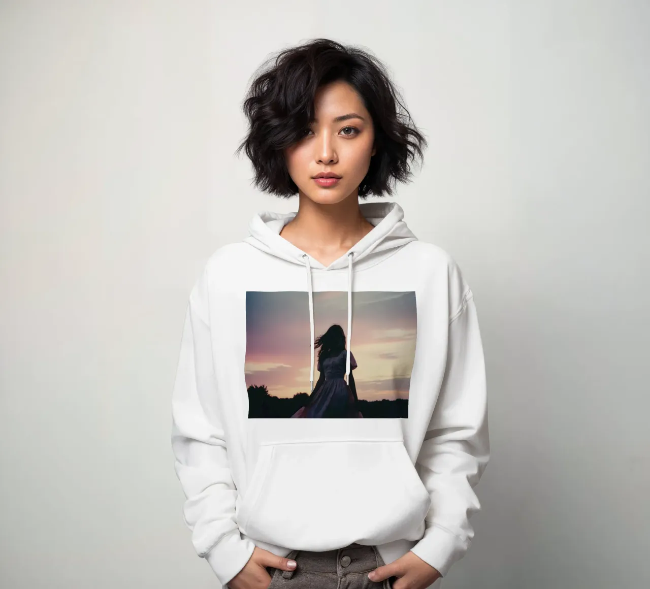 sagoma di una ragazza in abito con maniche a sbuffo felpa con cappuccio da serinae