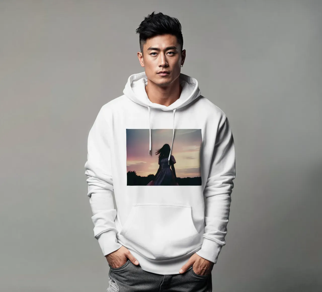 sagoma di una ragazza in abito con maniche a sbuffo felpa con cappuccio da serinae