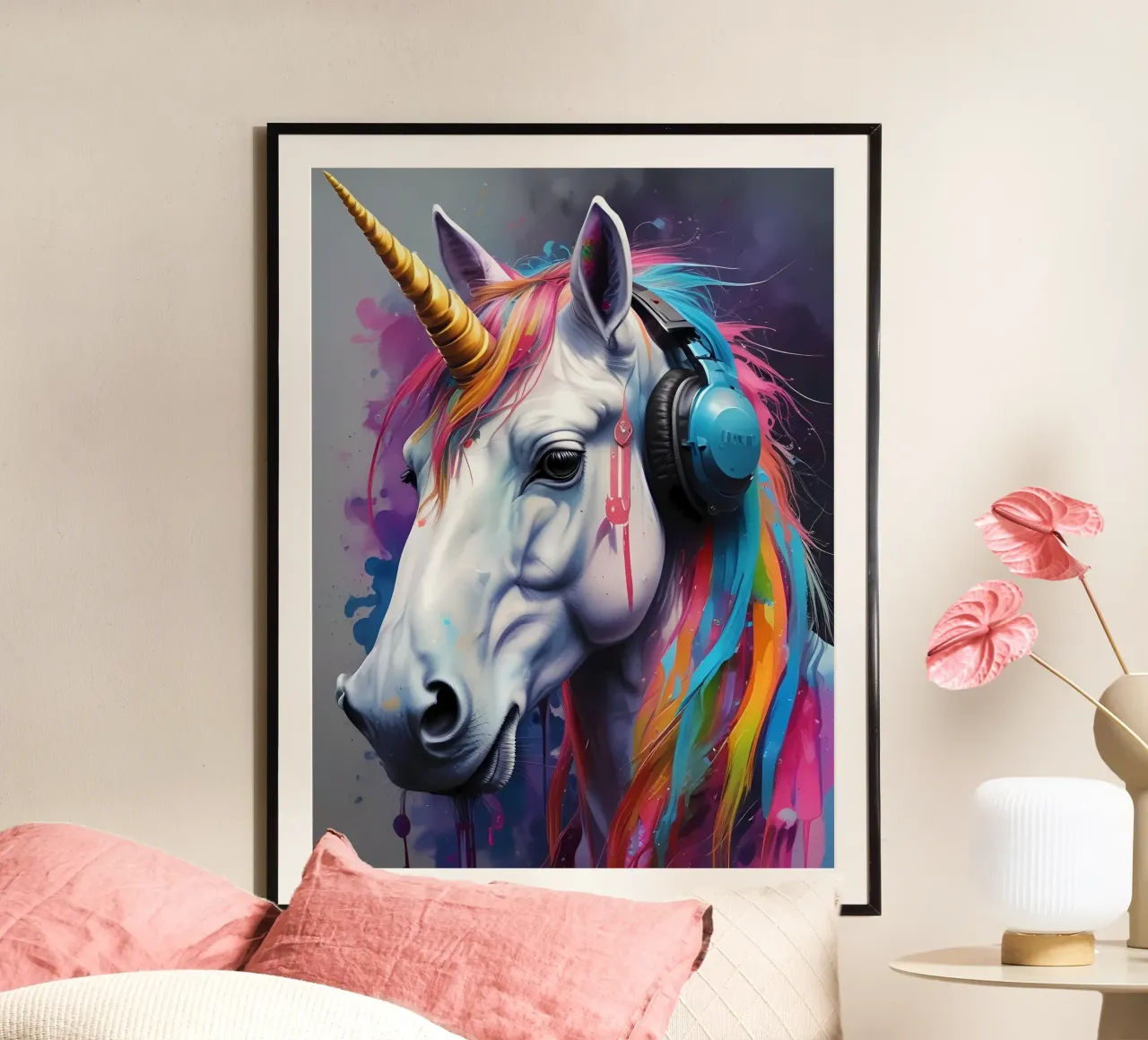 Unicorno con cuffie poster con telaio in alluminio da MakArena
