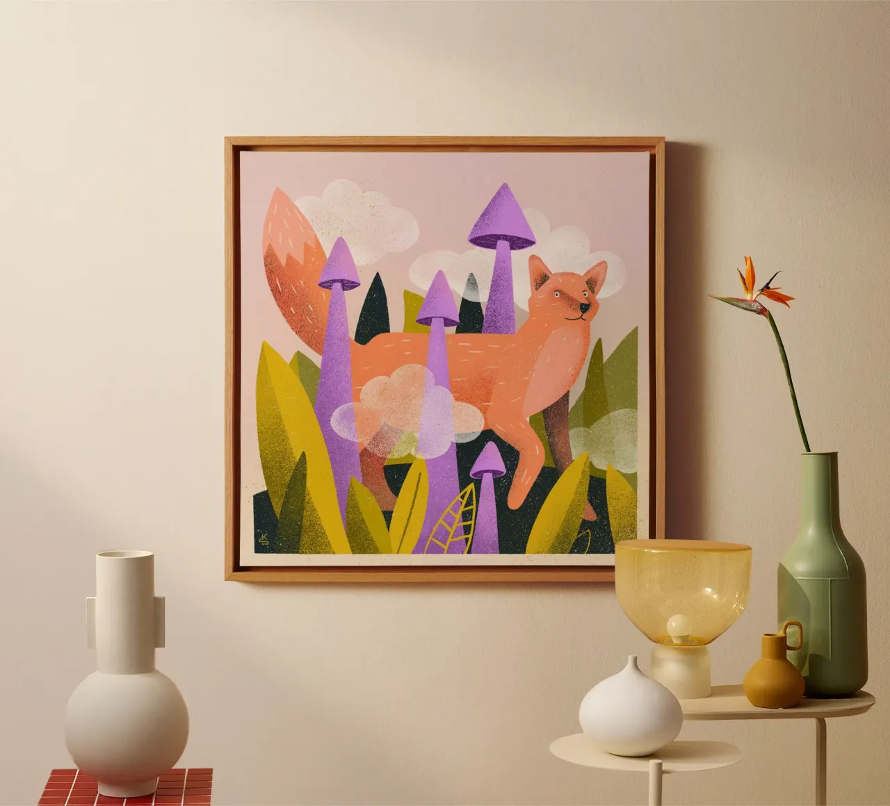 Curious fox among plants, mushrooms and clouds canvas with Floater frame by Bold & Beautiful