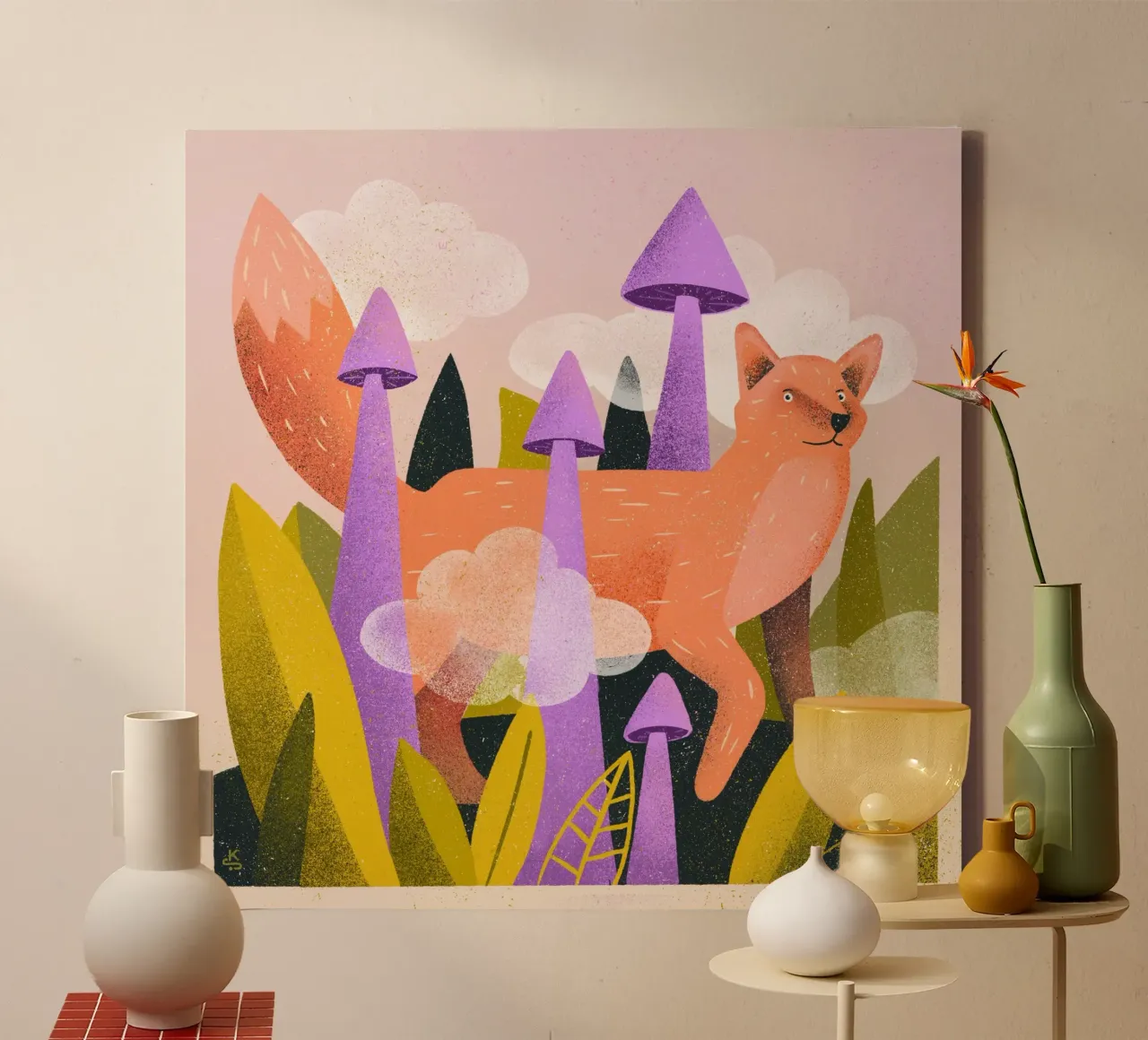 Curious fox among plants, mushrooms and clouds canvas with Floater frame by Bold & Beautiful