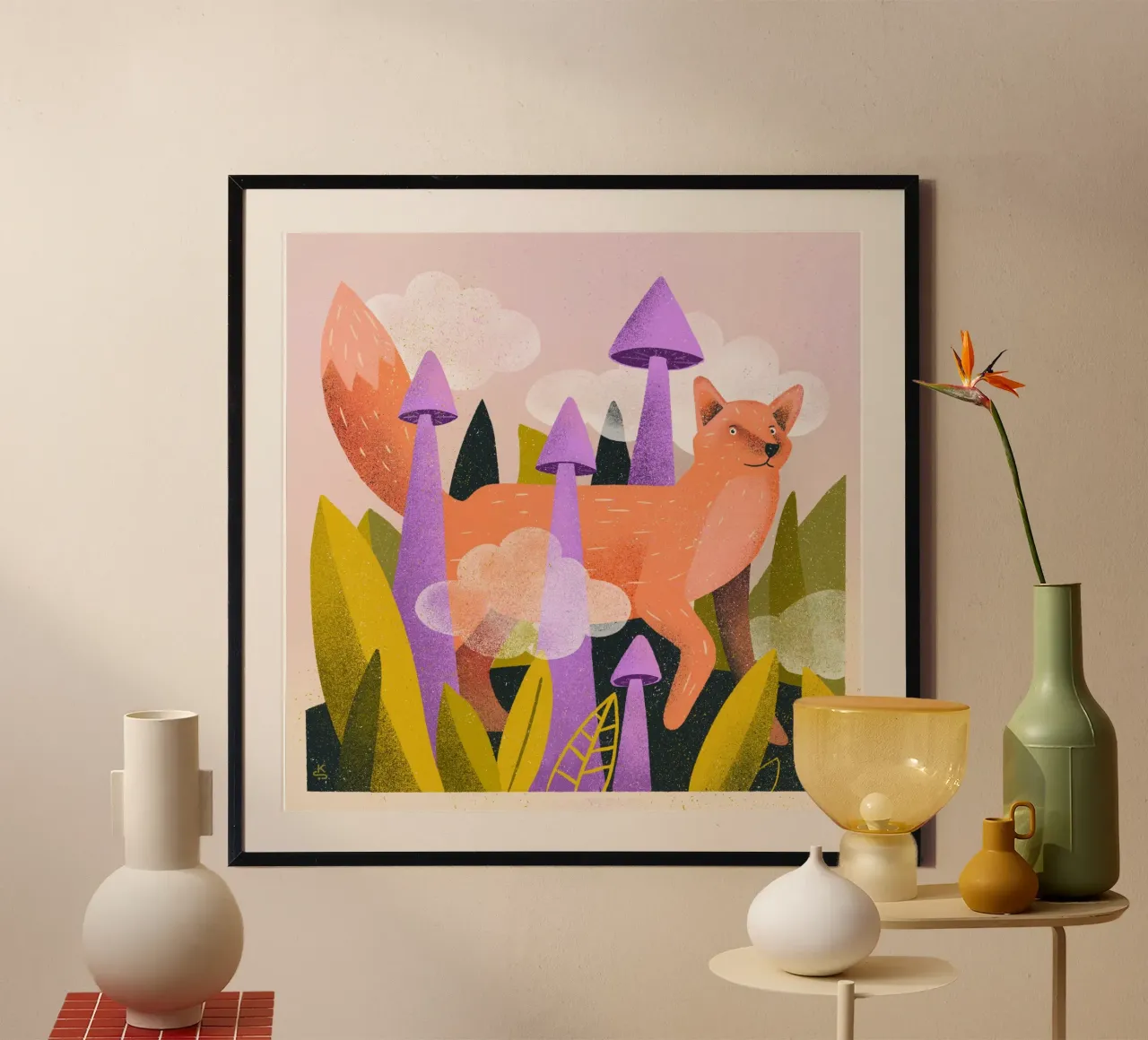 Volpe curiosa tra piante, funghi e nuvole poster da Bold & Beautiful
