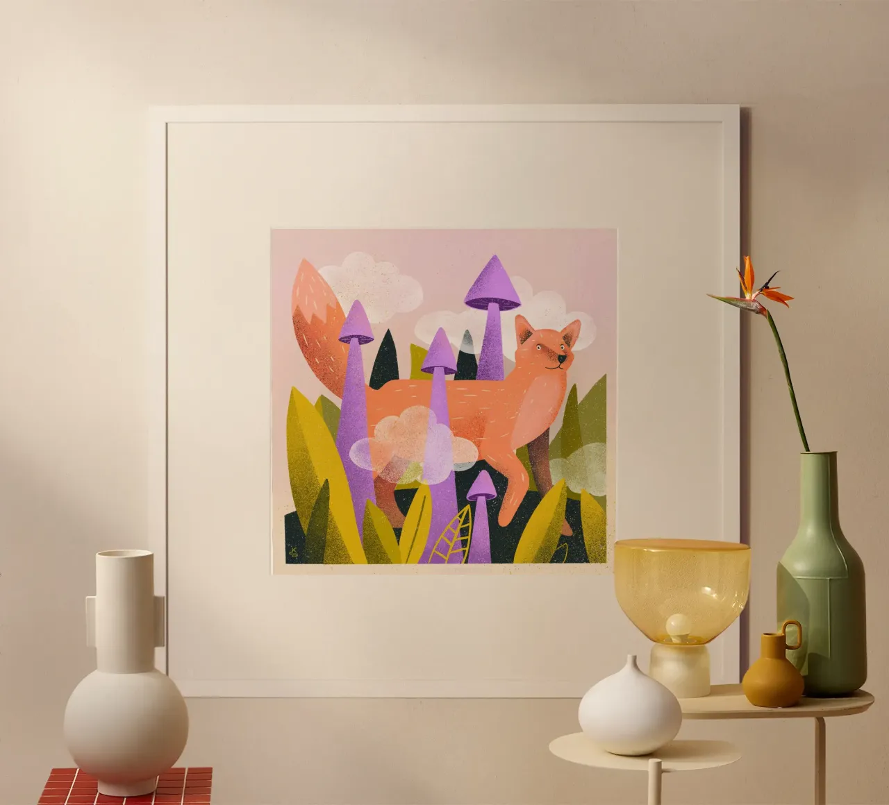 Volpe curiosa tra piante, funghi e nuvole poster da Bold & Beautiful