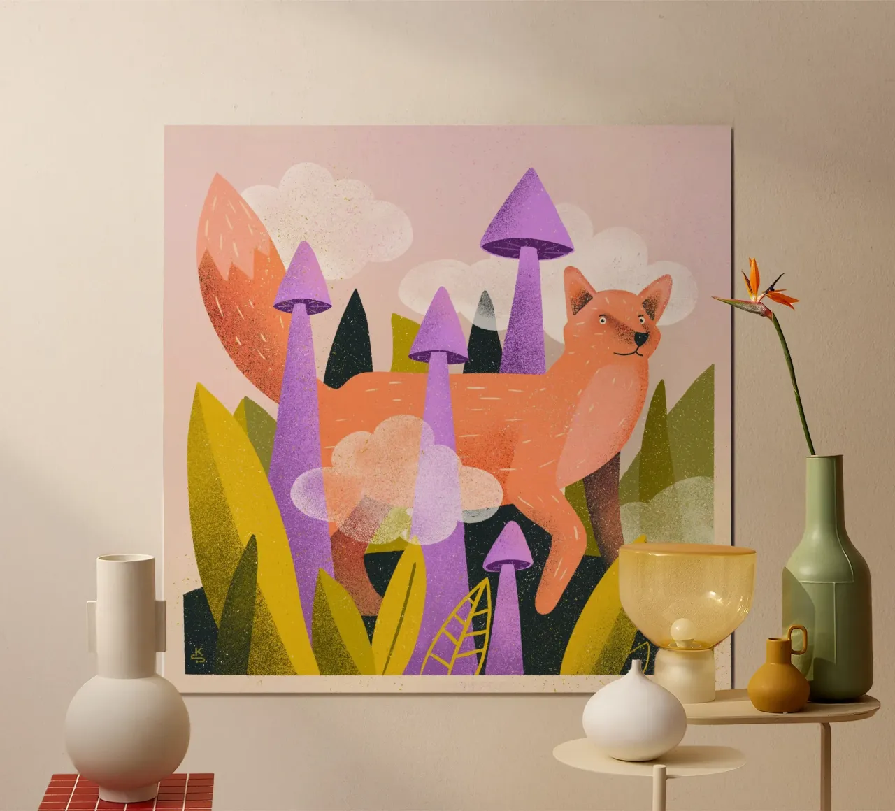 Volpe curiosa tra piante, funghi e nuvole poster da Bold & Beautiful