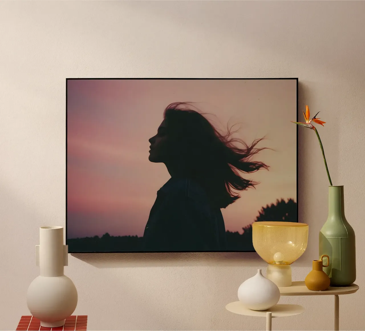 silhouette of a girl with her hair flowing in the wind acrylic glass by serinae