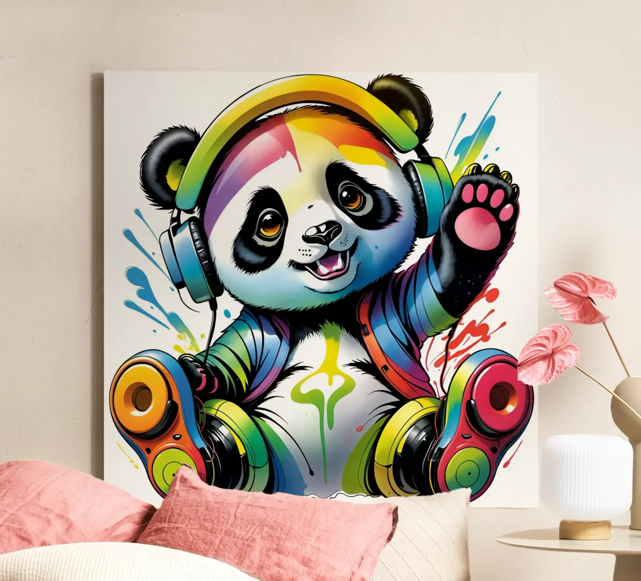 Piccolo panda con cuffie tela con Cornice a cassetta da MakArena