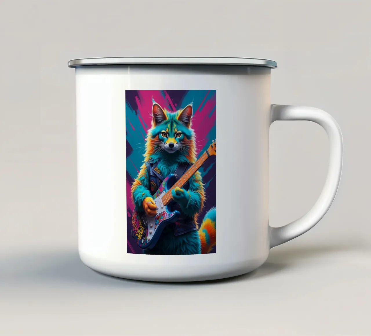 Colorful foxy play guitar enamel mug by MakArena