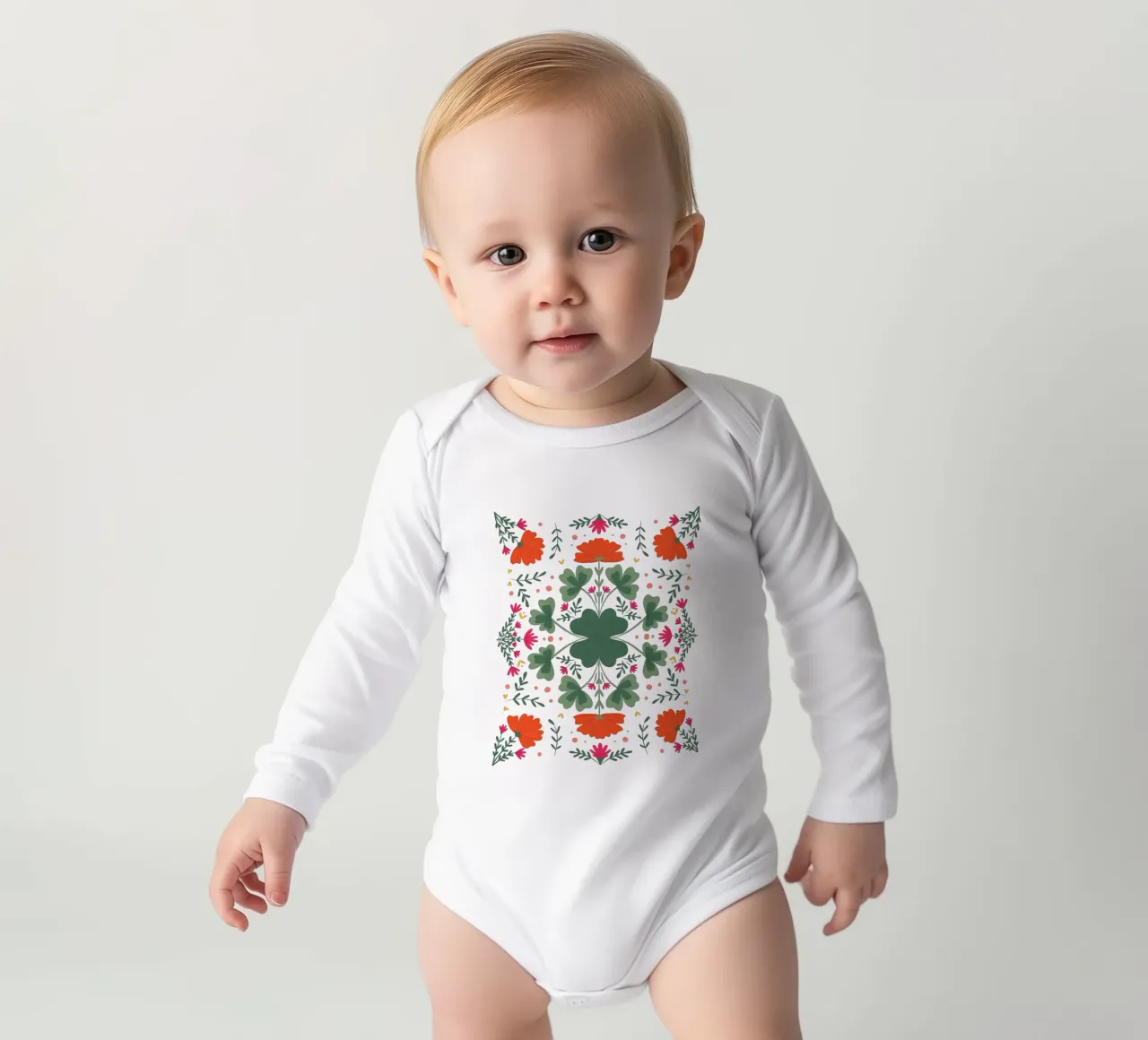 Clovers and flowers - green and beige long-sleeve baby romper by Wackapacka