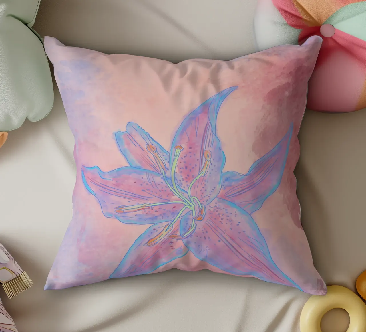 Hibiscus flower for a tropical vibes, colorful & psychedelic cuscino da janine.aigner.work