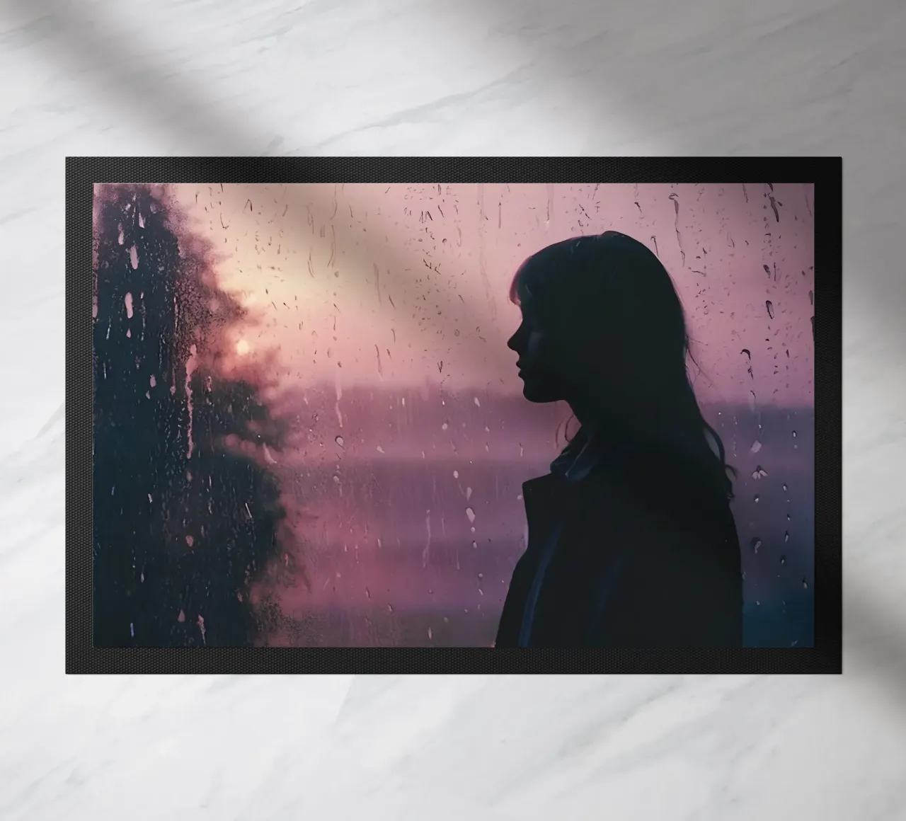 silhouette of a girl next to a rainy window doormat by serinae