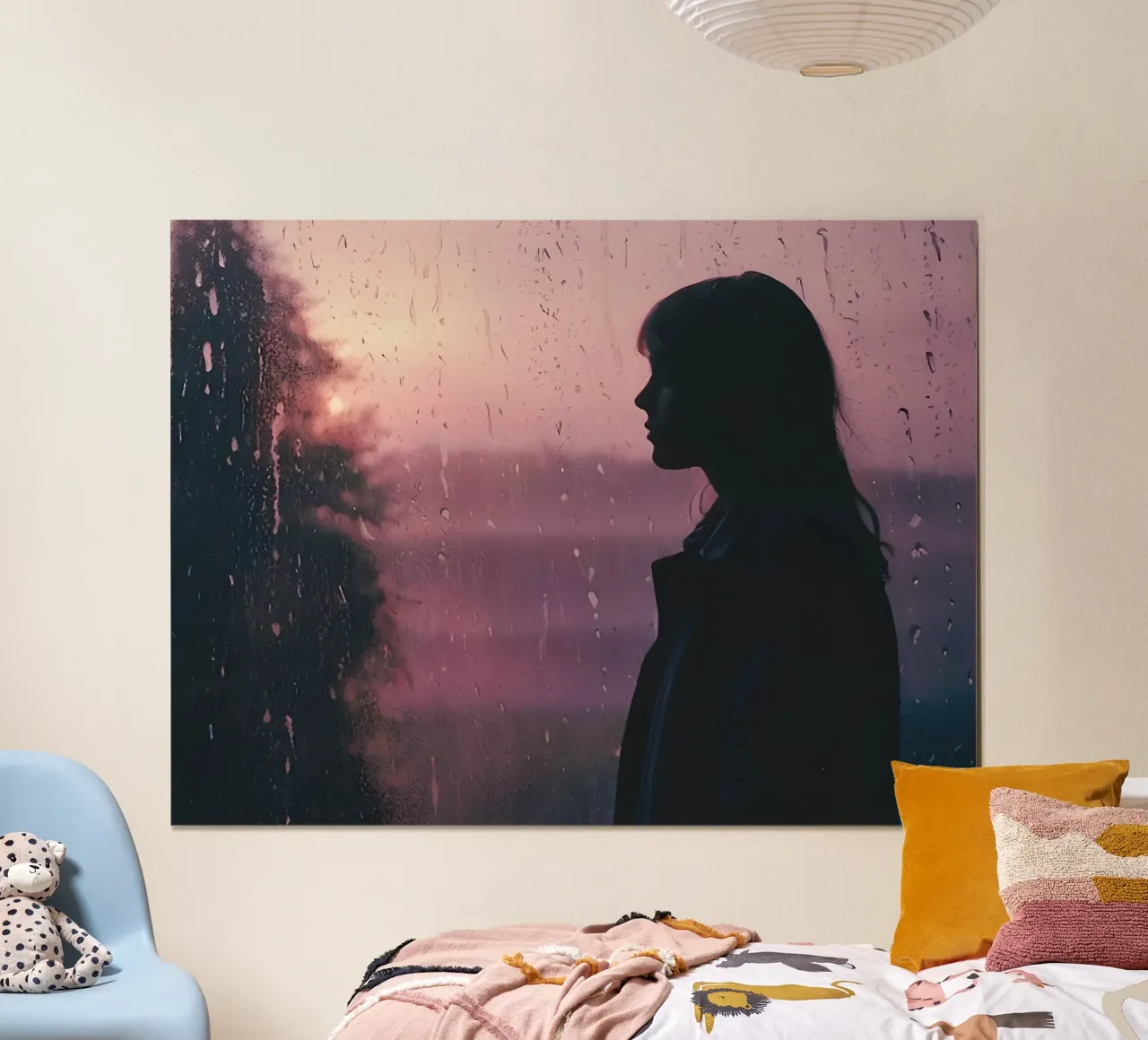 silhouette d'une fille près d'une fenêtre pluvieuse poster avec cadre en bois de serinae
