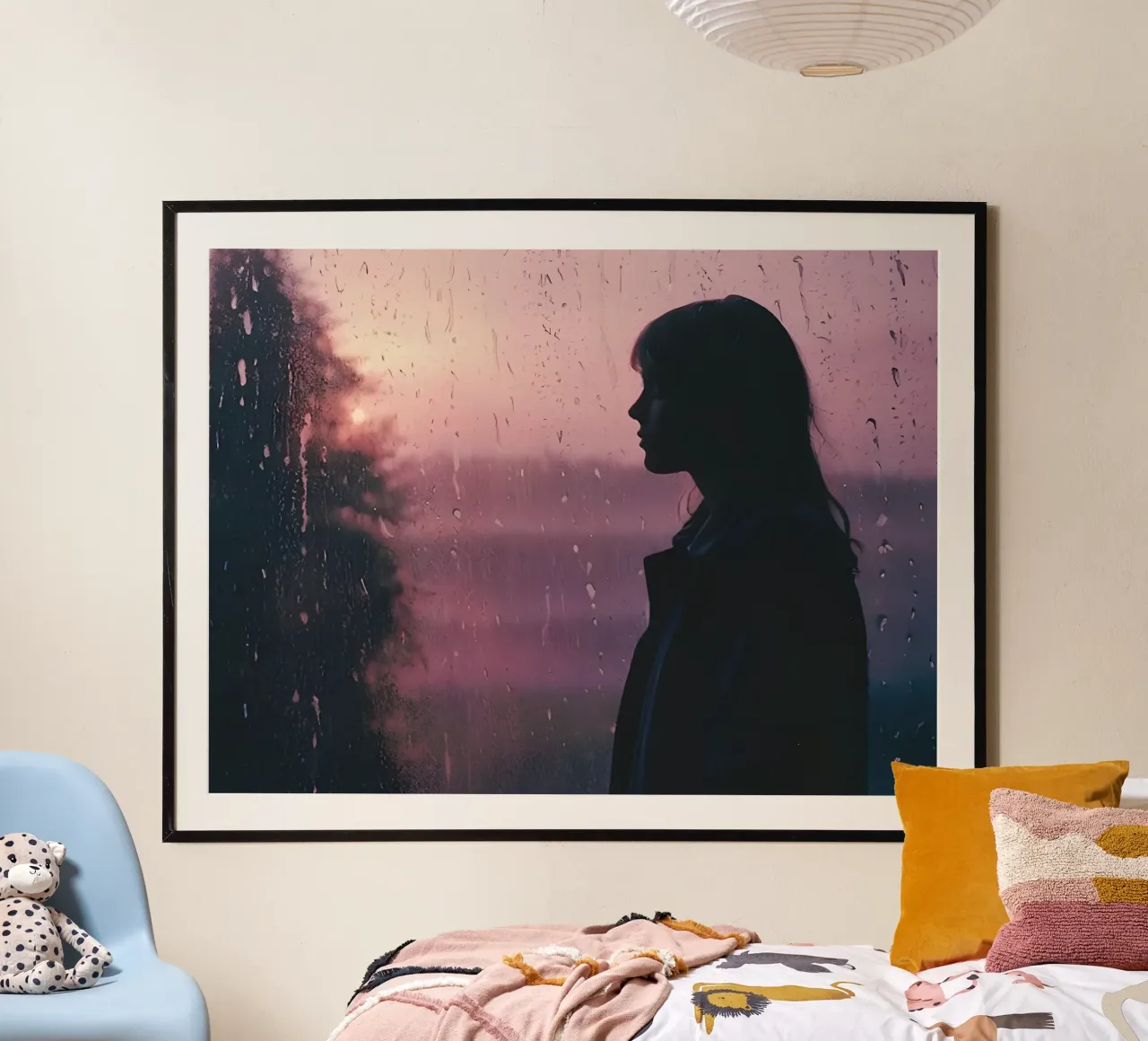 silhouette d'une fille près d'une fenêtre pluvieuse poster avec cadre en bois de serinae