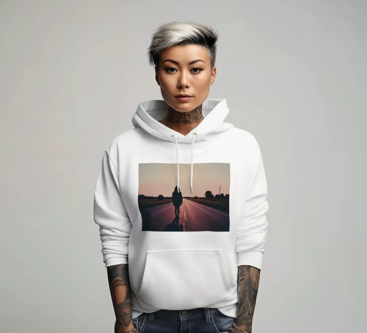 sagoma di una ragazza in piedi in una strada vuota felpa con cappuccio da serinae