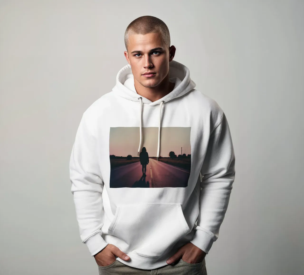 sagoma di una ragazza in piedi in una strada vuota felpa con cappuccio da serinae