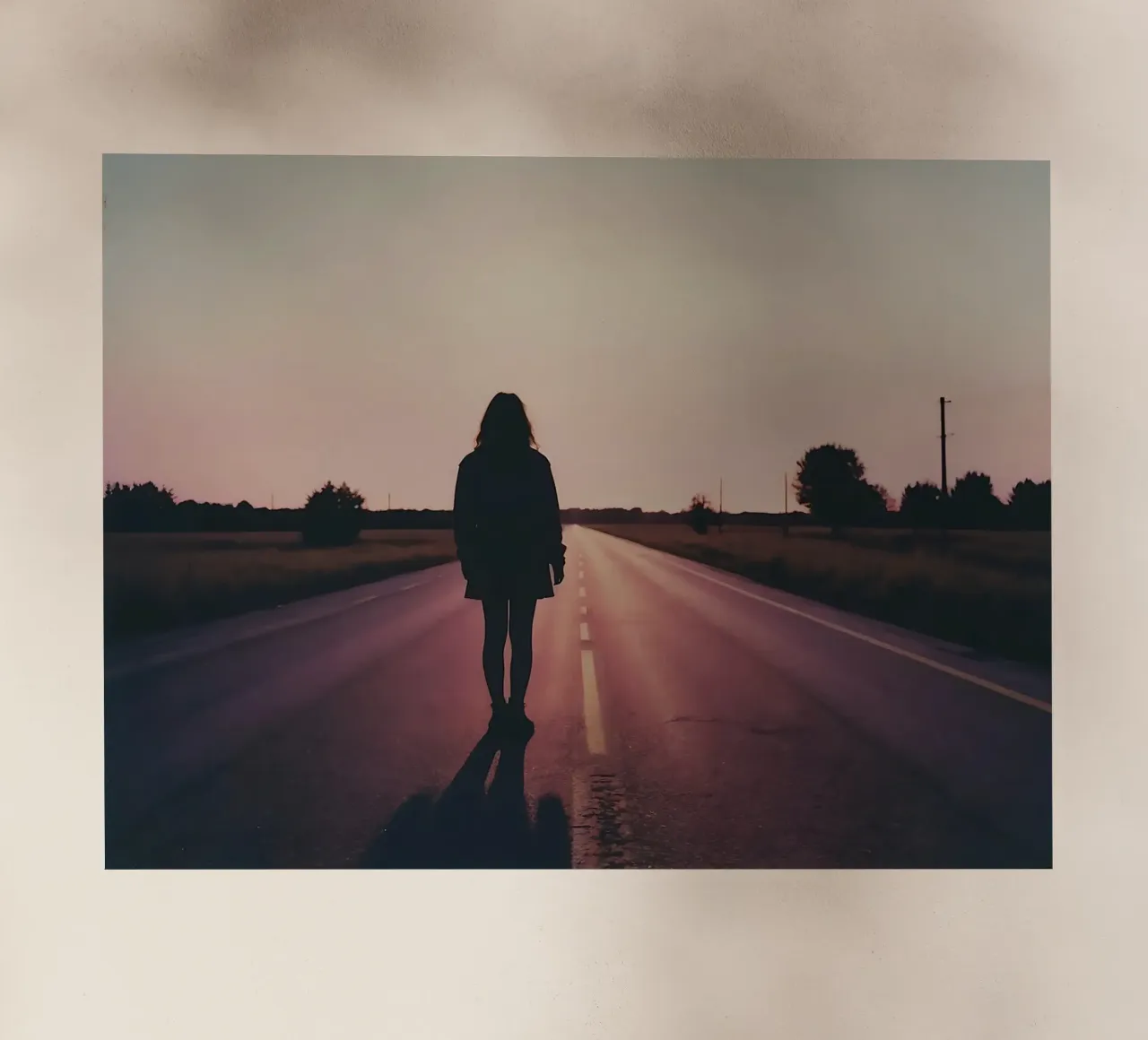 sagoma di una ragazza in piedi in una strada vuota pellicola backlit da serinae