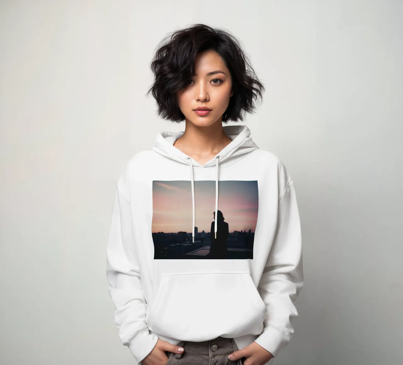 silhouette di una ragazza in piedi su un tetto della città felpa con cappuccio da serinae