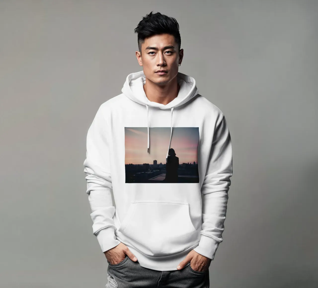 silhouette di una ragazza in piedi su un tetto della città felpa con cappuccio da serinae