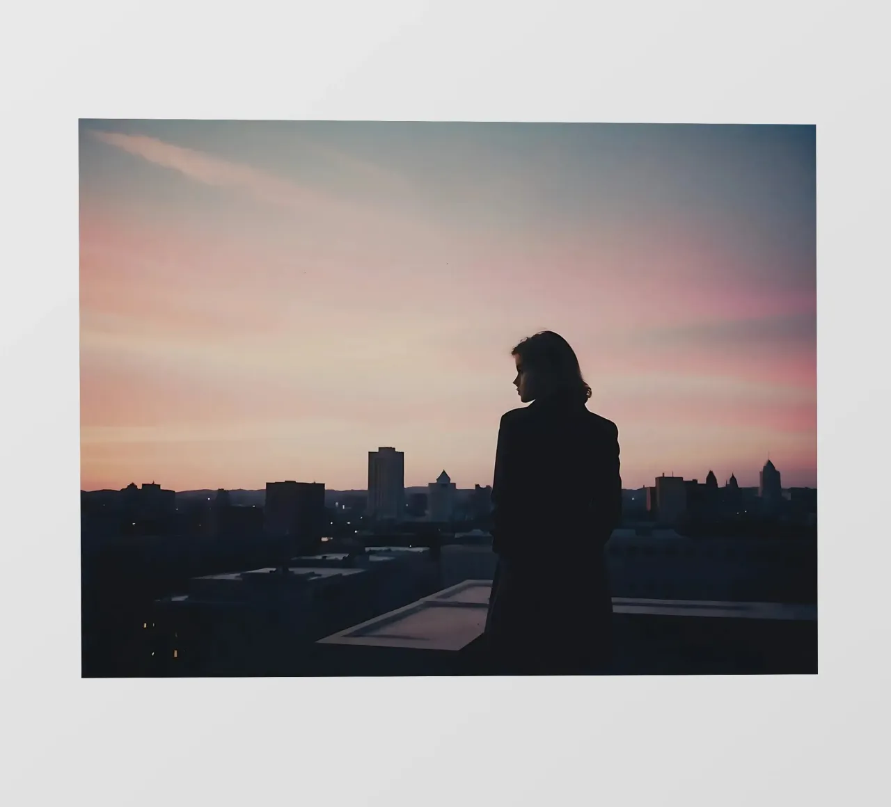 silhouette di una ragazza in piedi su un tetto della città pellicola backlit da serinae
