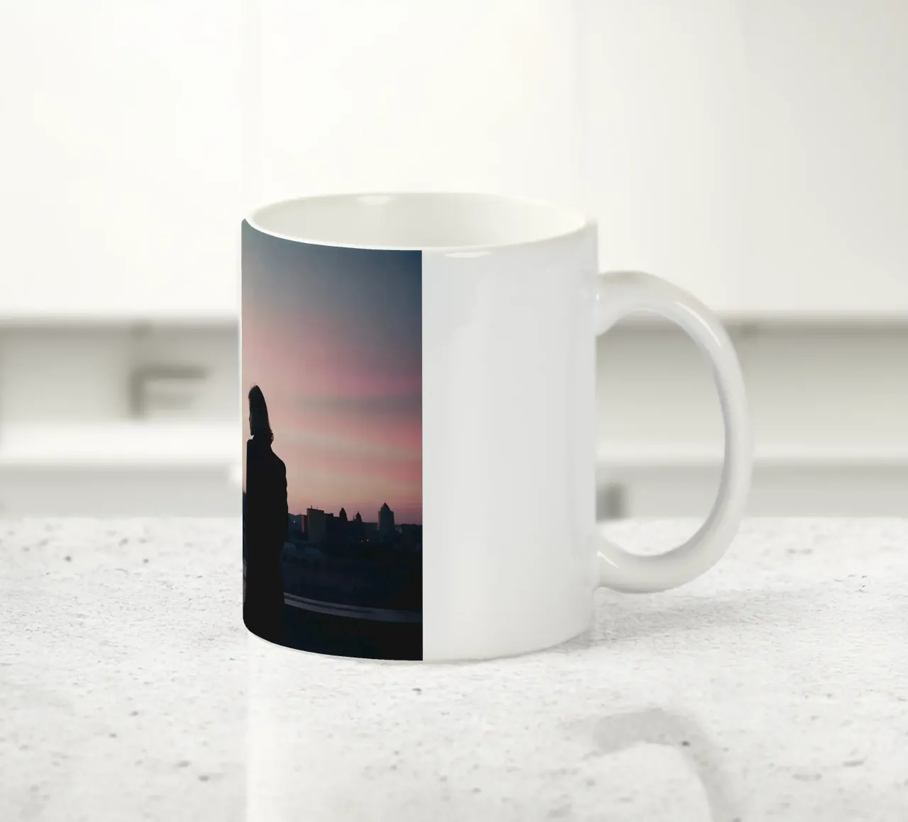 silhouette of a girl standing on a rooftop in the city ceramic mug by serinae