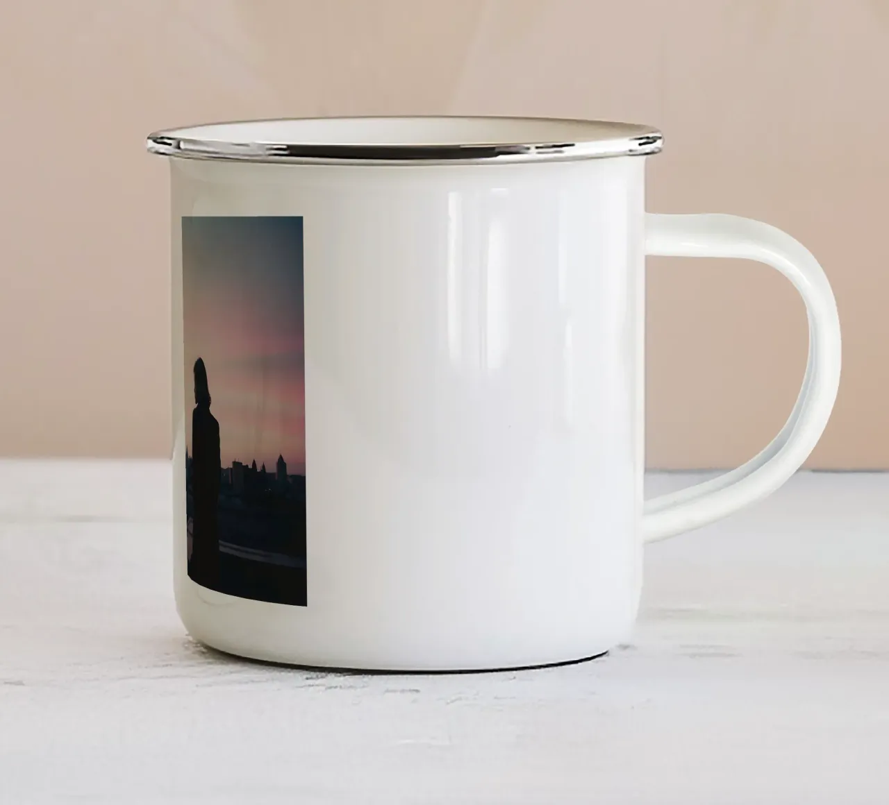 silhouette of a girl standing on a rooftop in the city enamel mug by serinae
