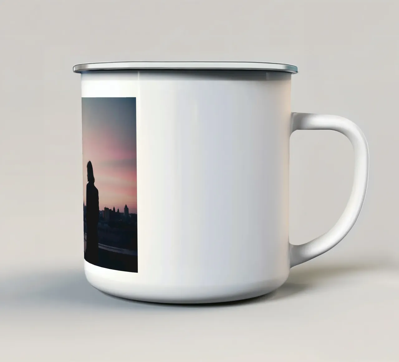 silhouette of a girl standing on a rooftop in the city enamel mug by serinae